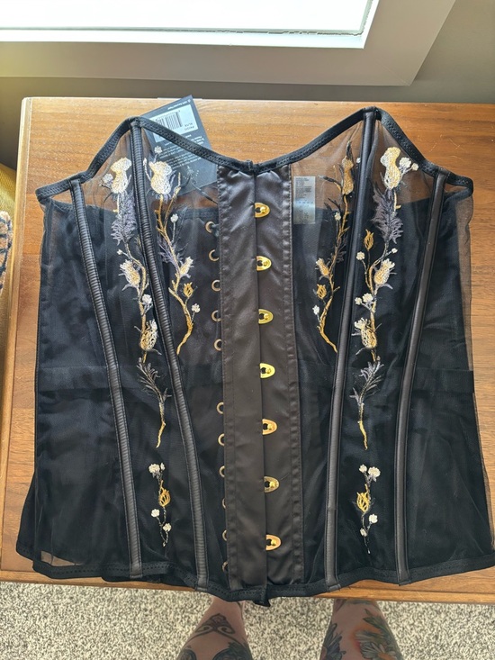Thistle and Spire Other - Thistle and Spire Black Mesh Corset with Gold Floral Embroidery